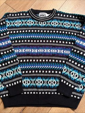 Vintage 80s Geometric Pattern Multicolor Acrylic Knit Trend Basics Sweater XL